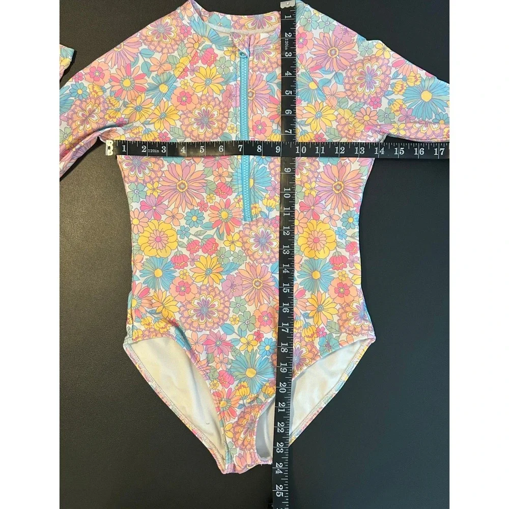 Wonder Nation Girls Retro Floral Long Sleeve Rash Guard Swimsuit L 10-12 1611